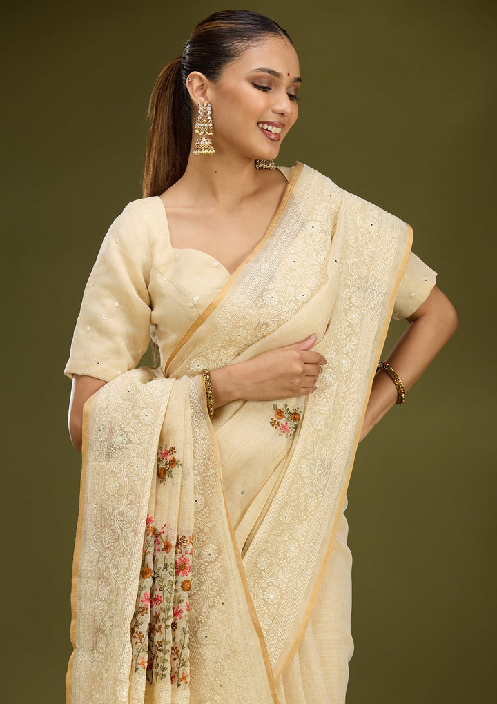 Beige Threadwork Chanderi Saree