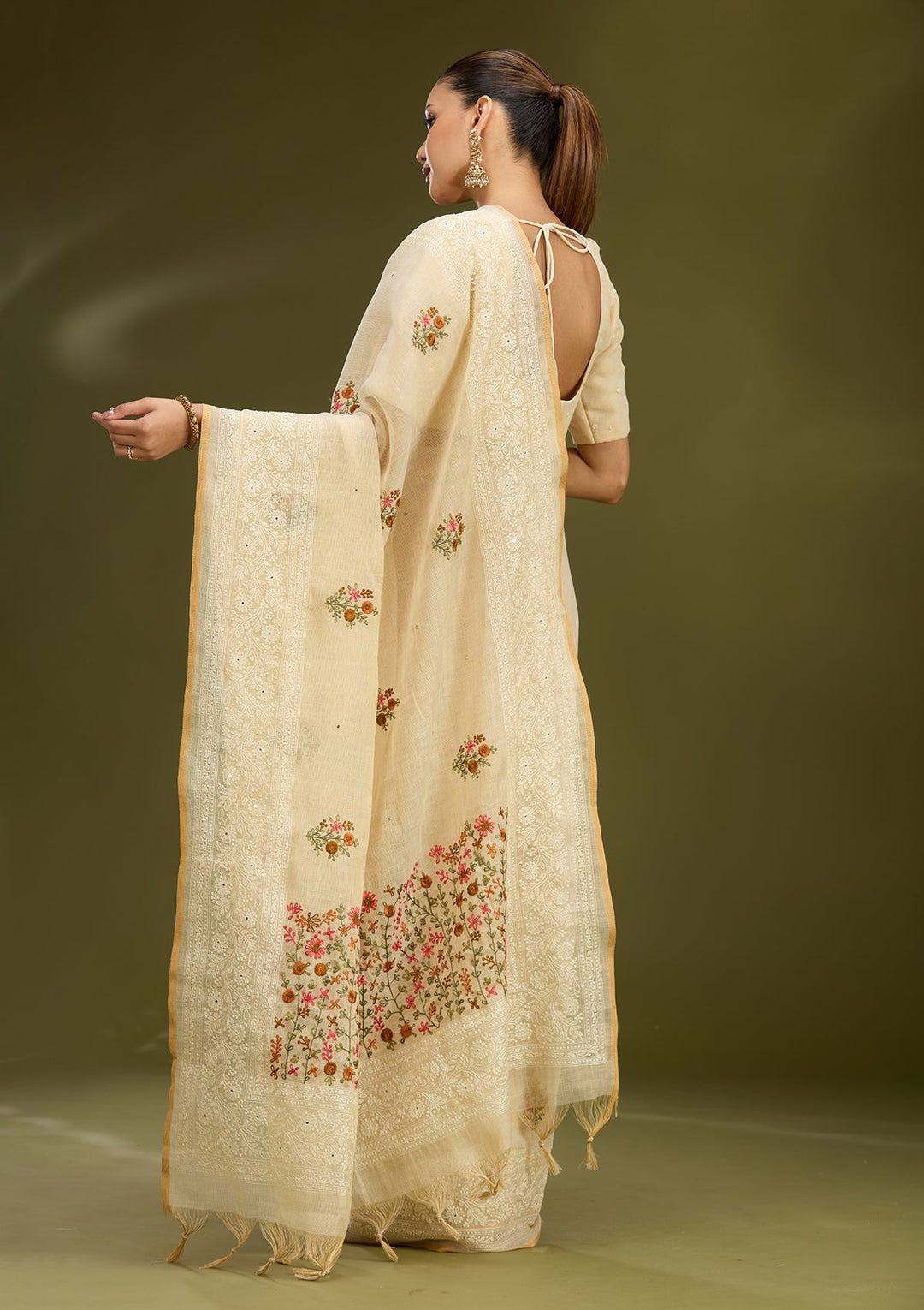 Beige Threadwork Chanderi Saree