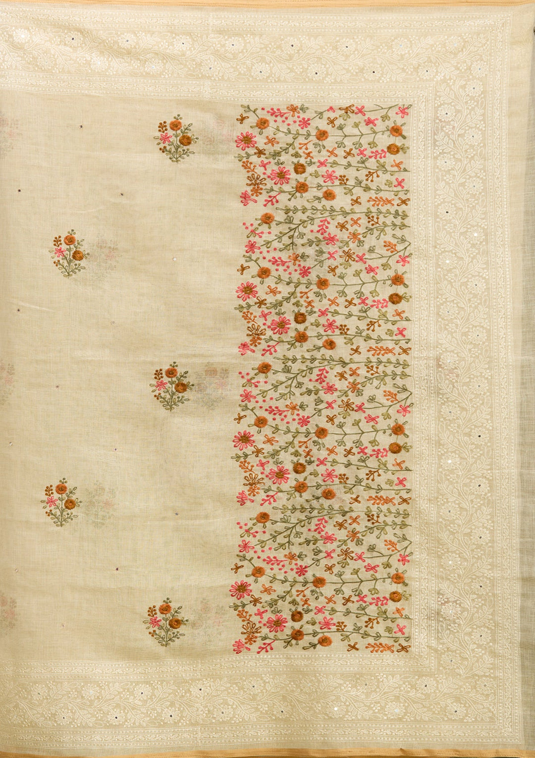 Beige Threadwork Chanderi Saree