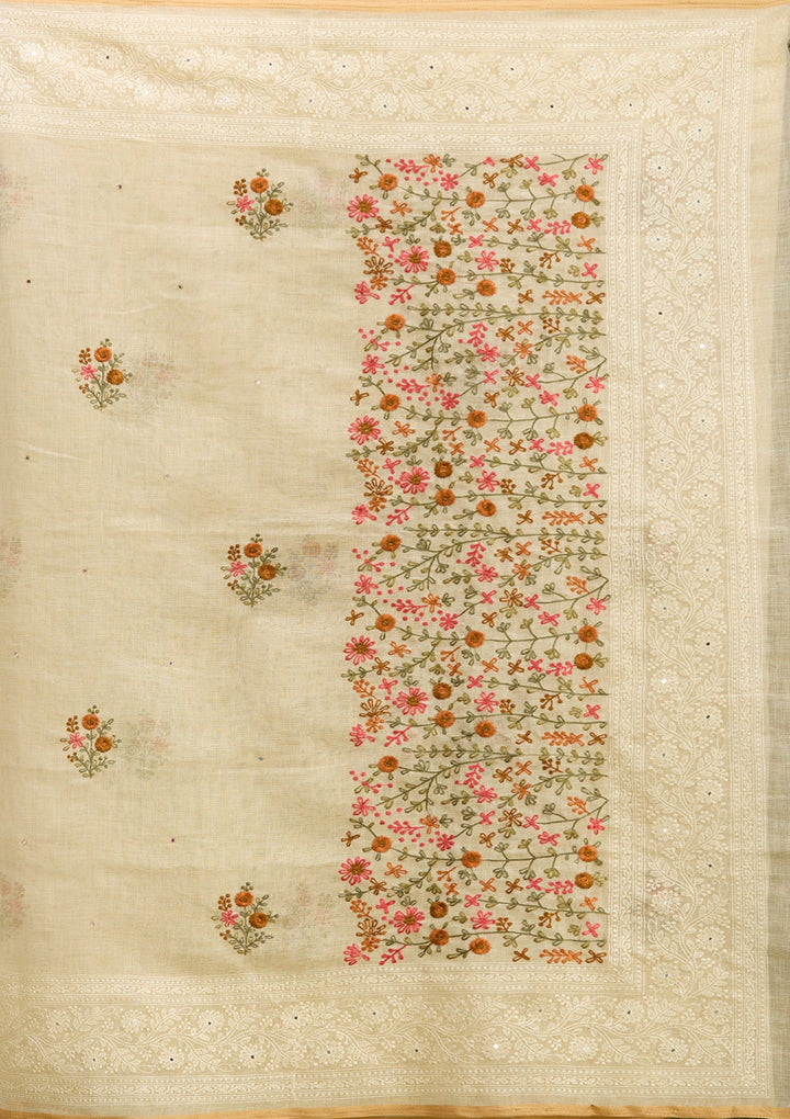 Beige Threadwork Chanderi Saree