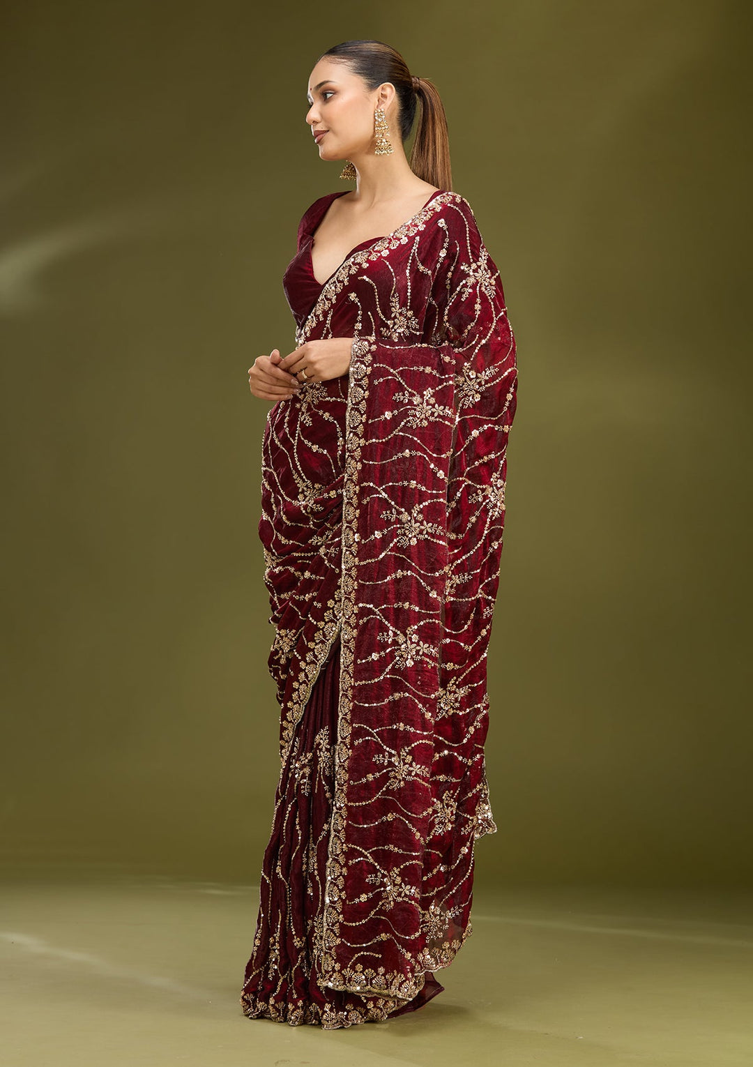 Dark Maroon Cutdana Tissue Saree