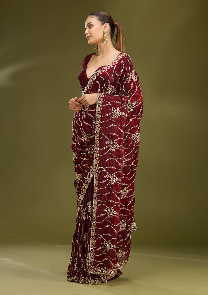Dark Maroon Cutdana Tissue Saree