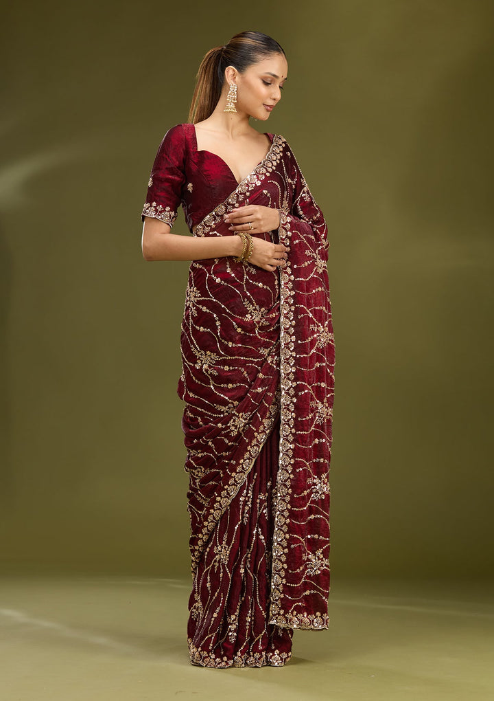 Dark Maroon Cutdana Tissue Saree