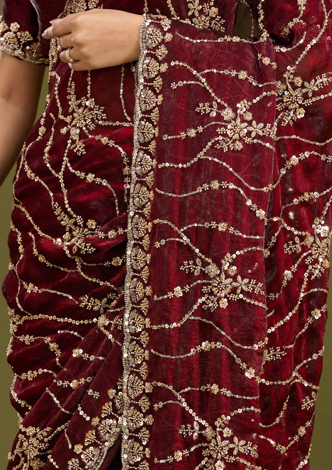 Dark Maroon Cutdana Tissue Saree