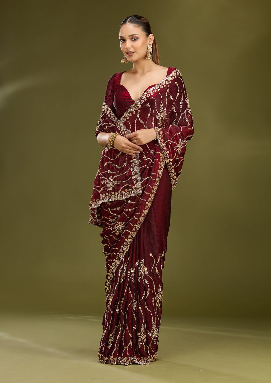 Dark Maroon Cutdana Tissue Saree