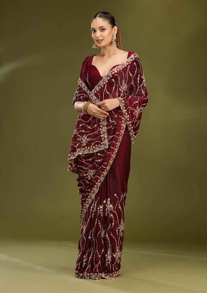 Dark Maroon Cutdana Tissue Saree