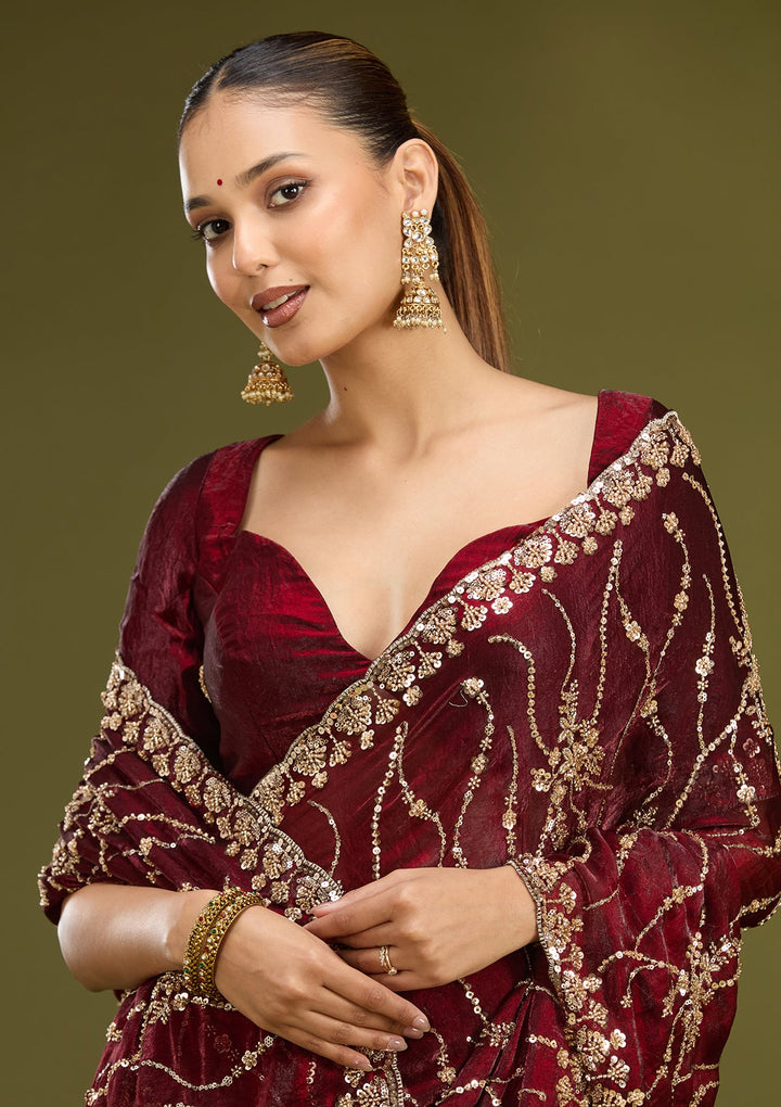 Dark Maroon Cutdana Tissue Saree