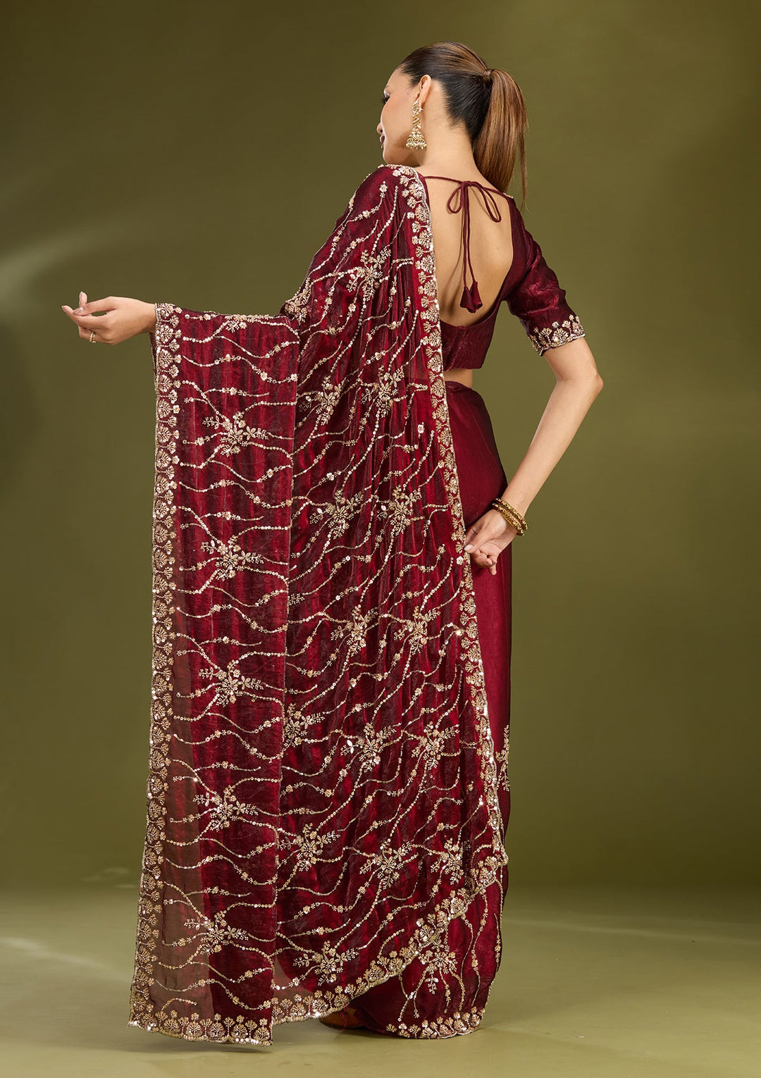 Dark Maroon Cutdana Tissue Saree