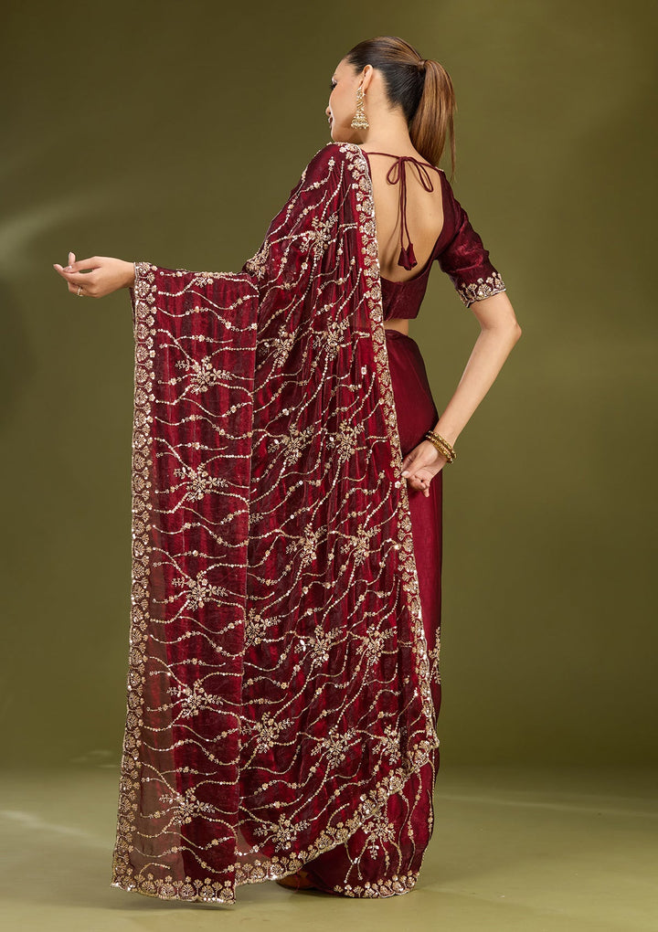 Dark Maroon Cutdana Tissue Saree