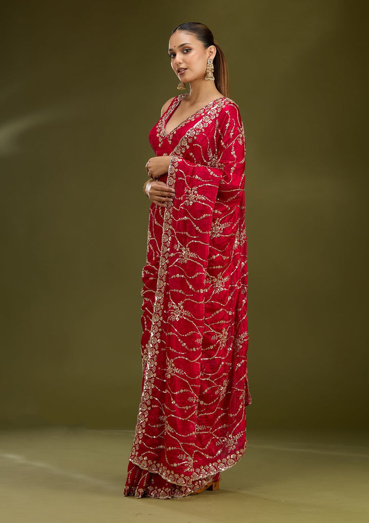 Rani Pink Cutdana Tissue Saree