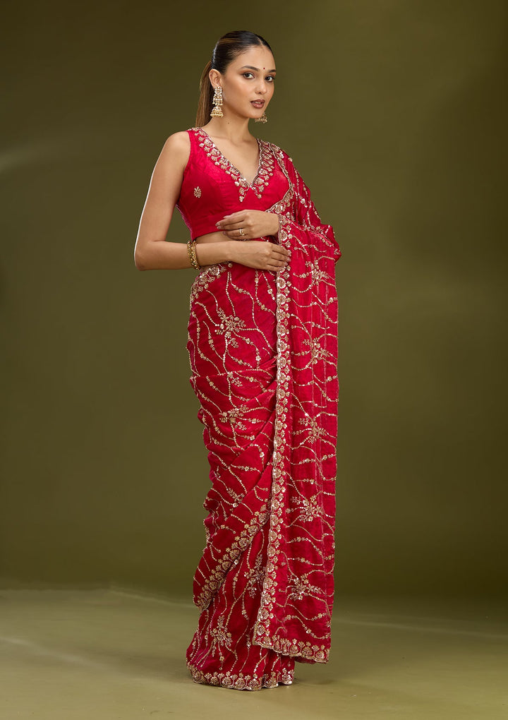 Rani Pink Cutdana Tissue Saree