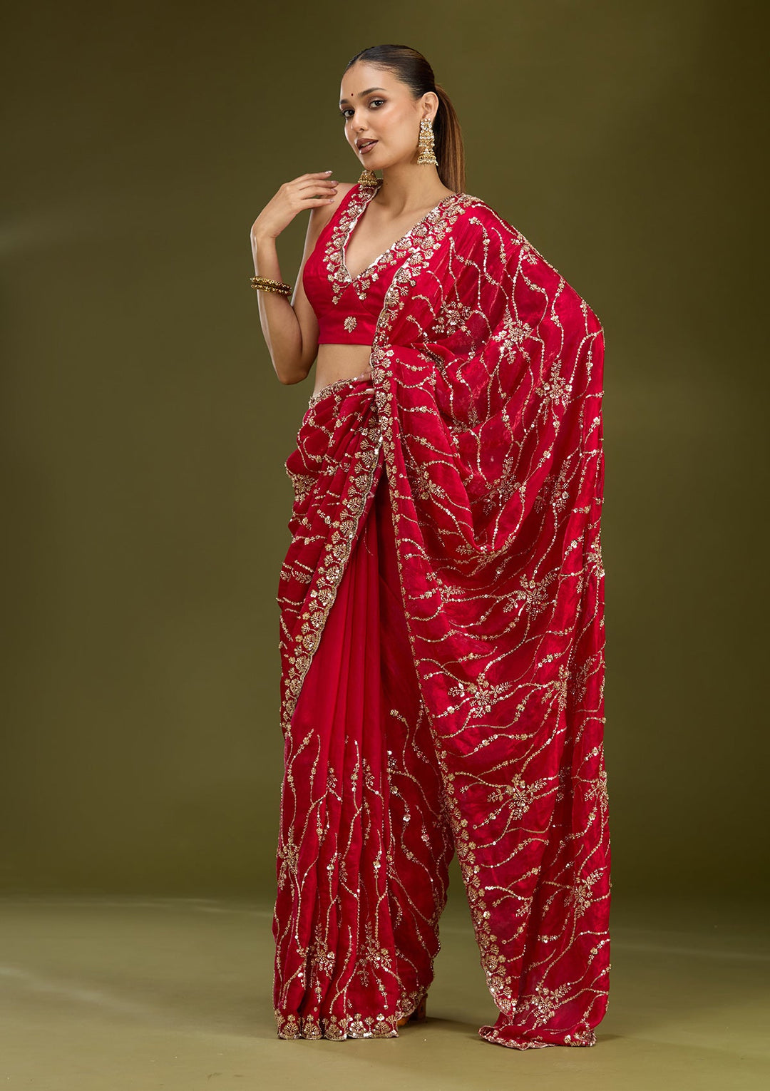 Rani Pink Cutdana Tissue Saree