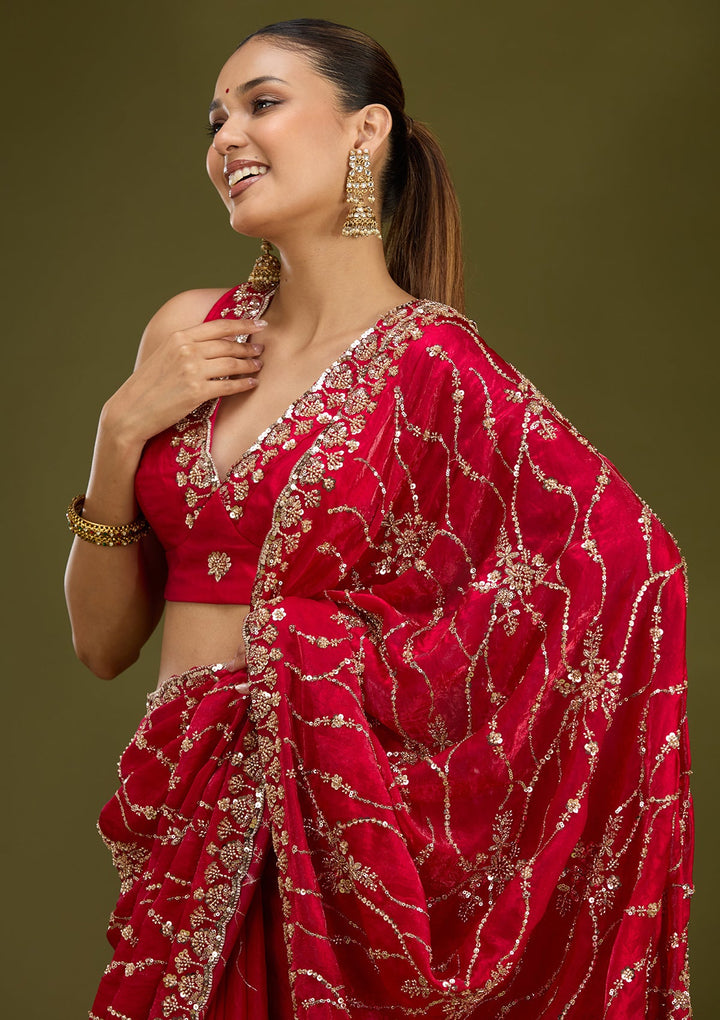 Rani Pink Cutdana Tissue Saree