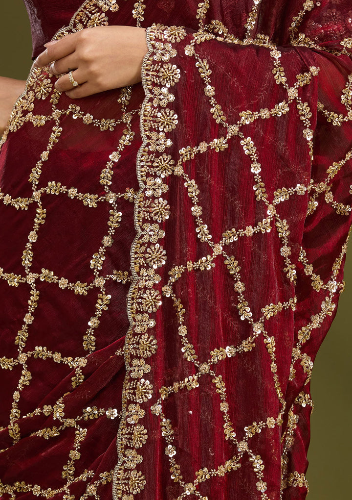 Dark Maroon Cutdana Tissue Saree