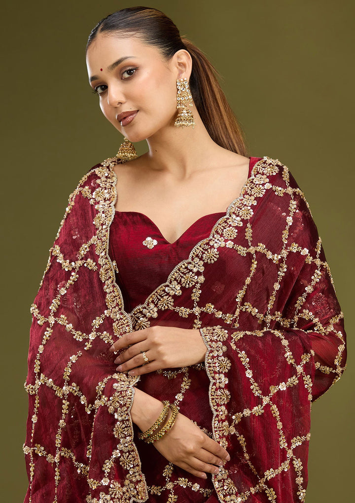 Dark Maroon Cutdana Tissue Saree