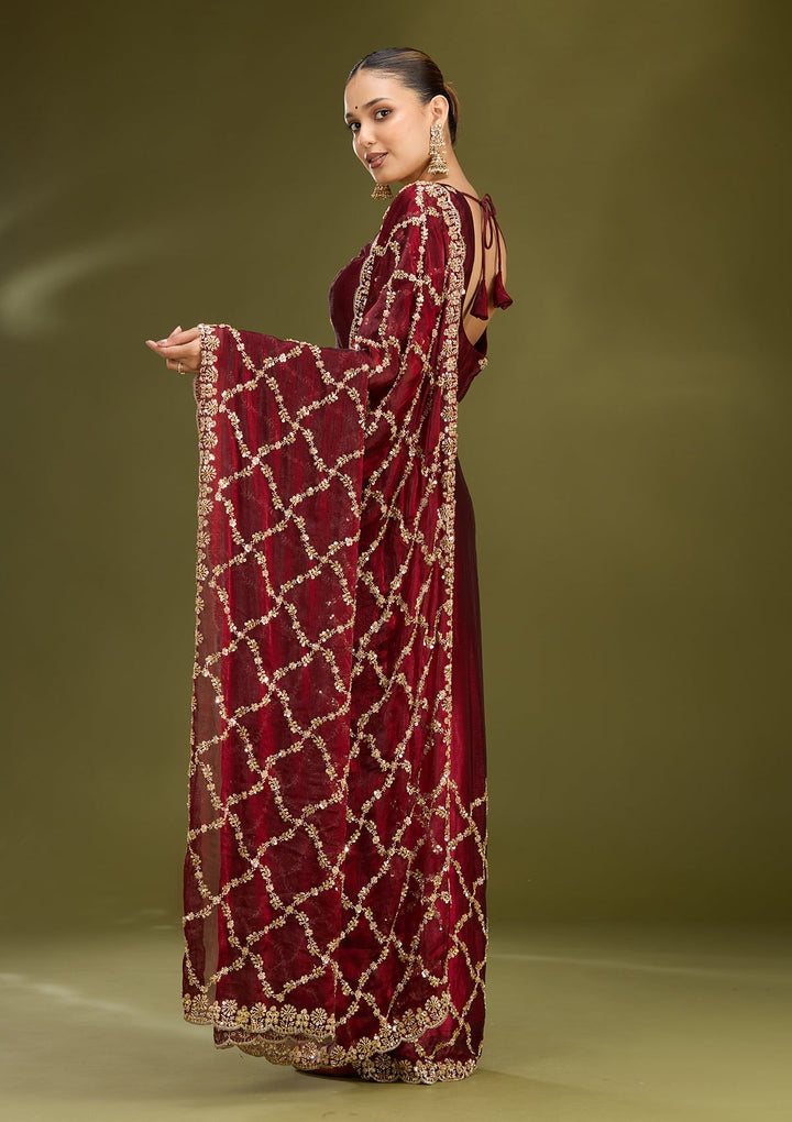 Dark Maroon Cutdana Tissue Saree