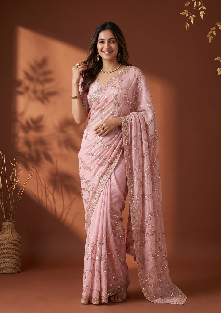 Baby Pink Tissue Sequins Saree With Matching Blouse Piece