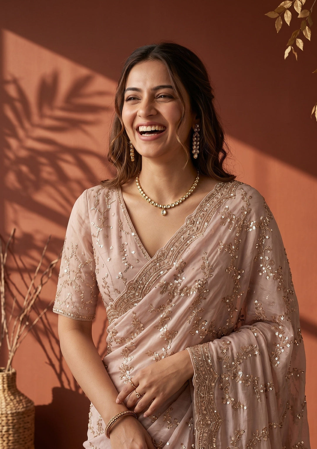 Beige Tissue Sequins Saree With Matching Blouse Piece