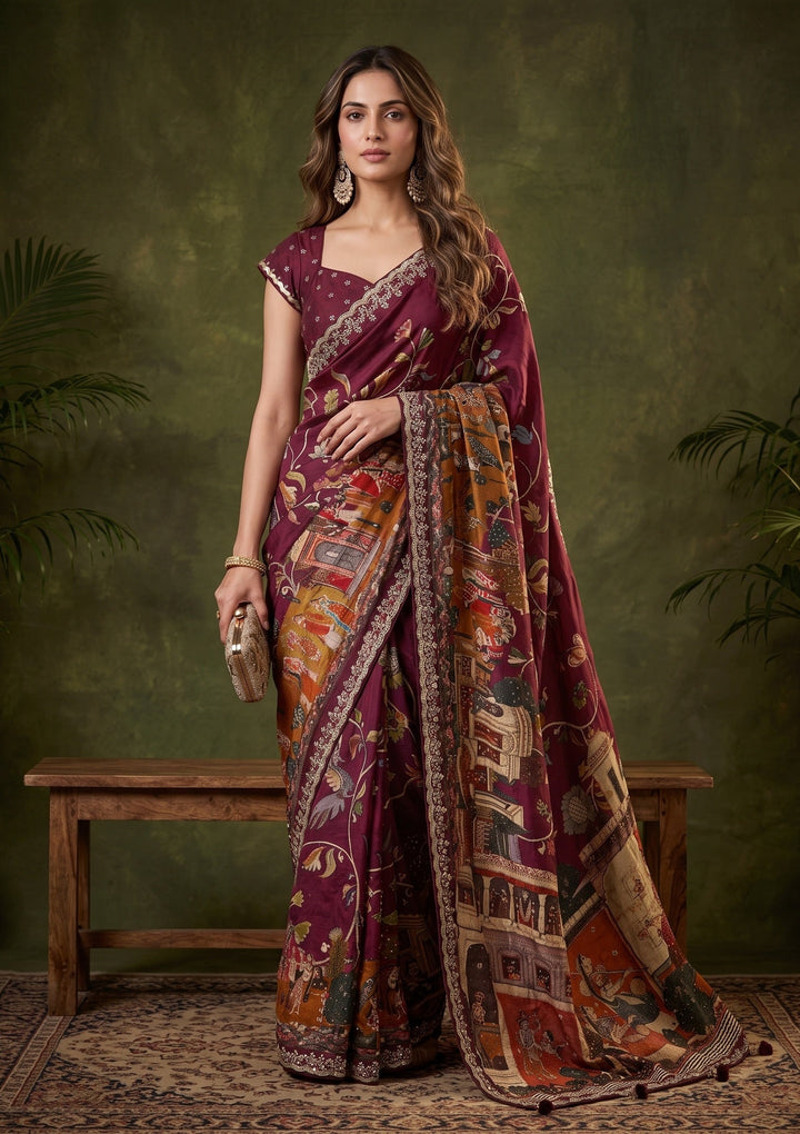 Wine Banarasi Art Silk Saree With Matching Blouse Piece