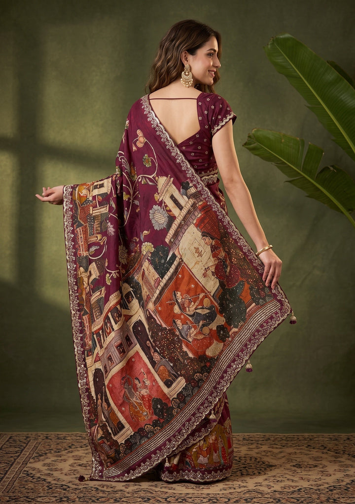 Wine Banarasi Art Silk Saree With Matching Blouse Piece