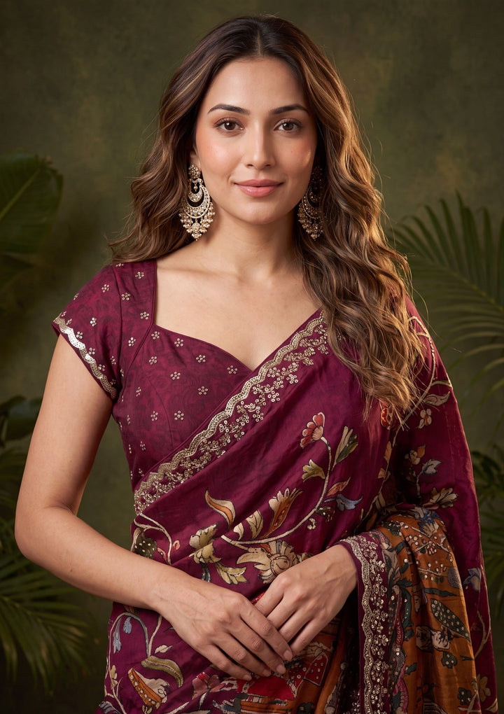 Wine Banarasi Art Silk Saree With Matching Blouse Piece