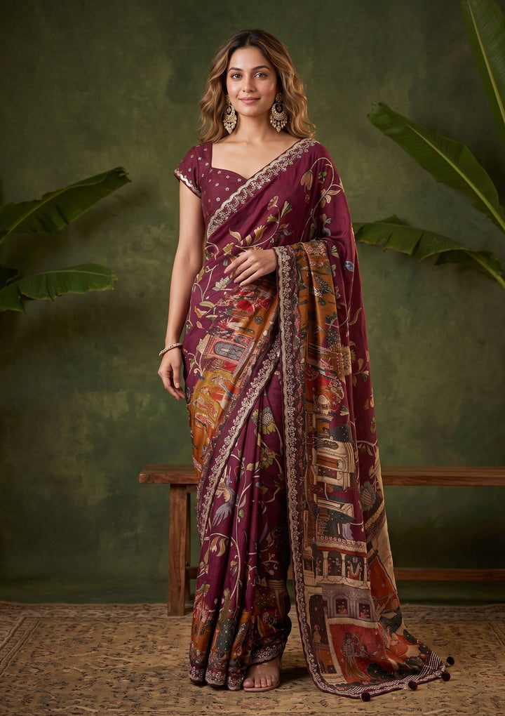 Wine Banarasi Art Silk Saree With Matching Blouse Piece