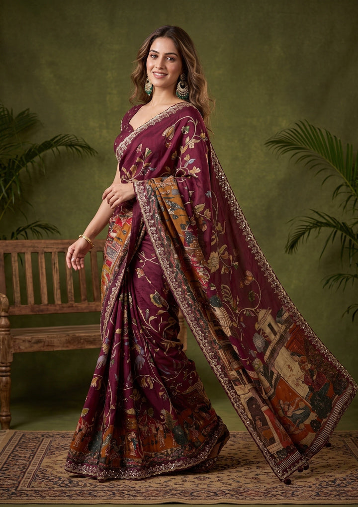 Wine Banarasi Art Silk Saree With Matching Blouse Piece