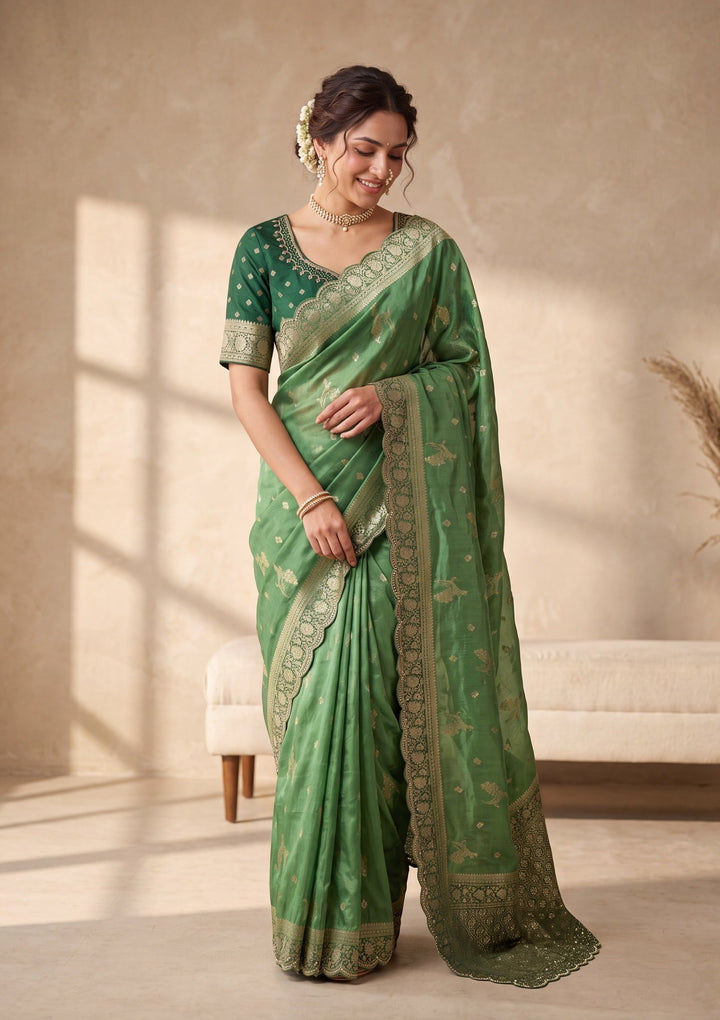Green Silk Buti Stonework Saree With Matching Blouse Piece