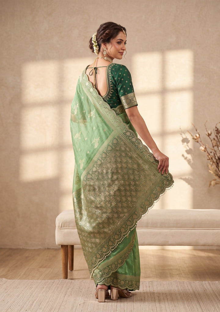 Green Silk Buti Stonework Saree With Matching Blouse Piece
