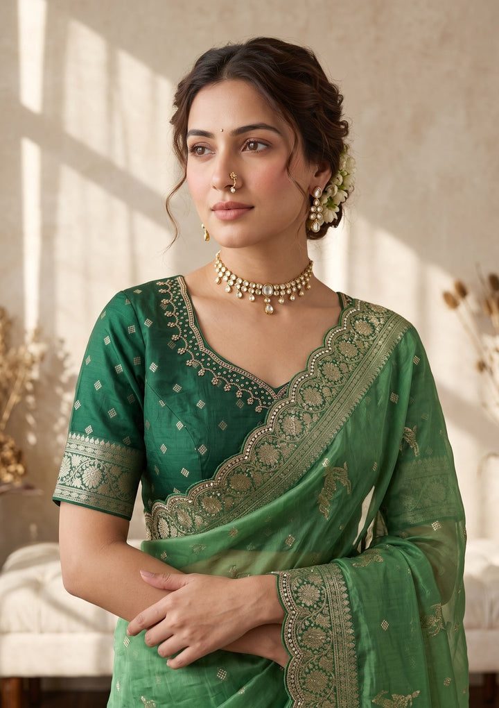 Green Silk Buti Stonework Saree With Matching Blouse Piece