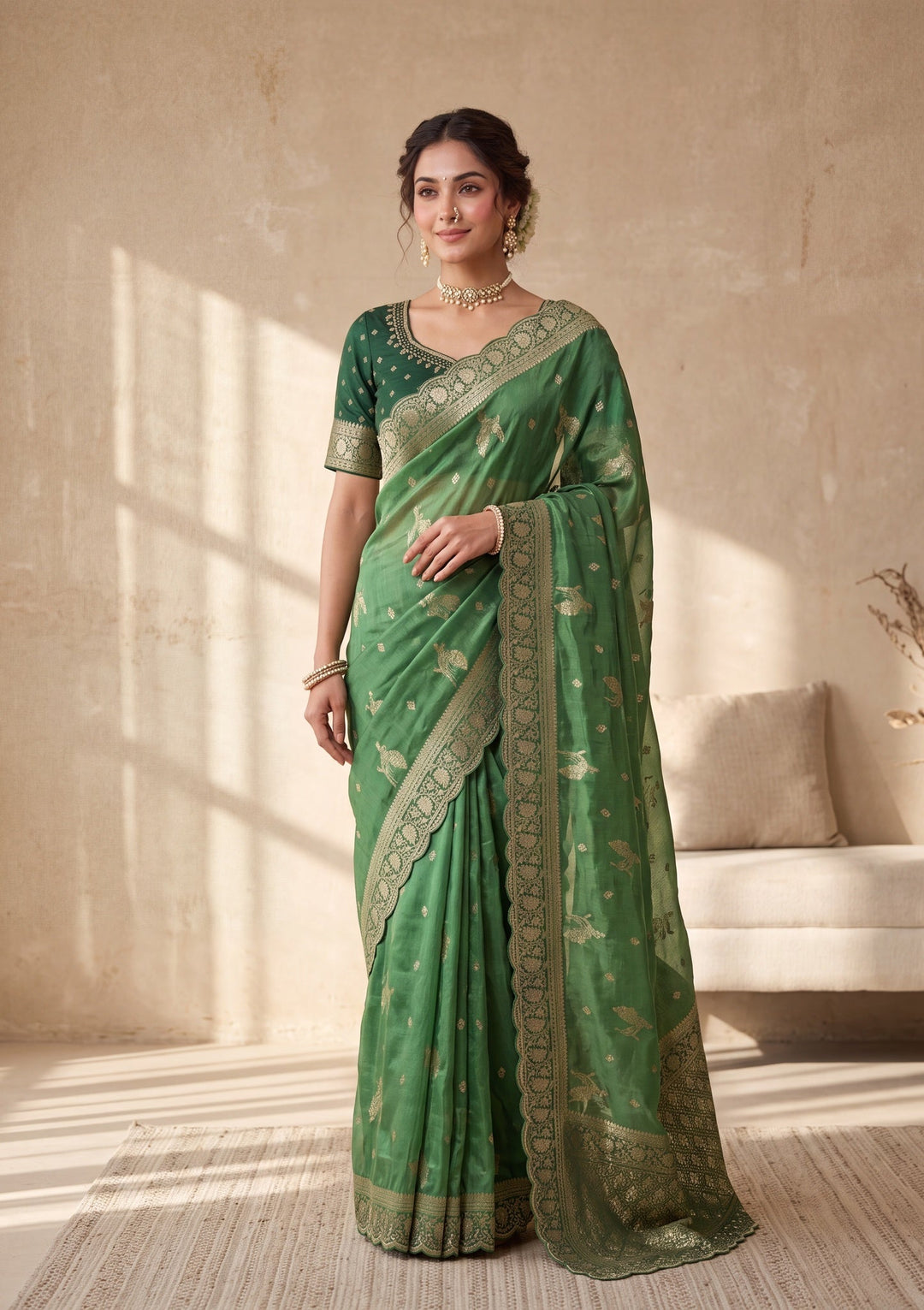 Green Silk Buti Stonework Saree With Matching Blouse Piece