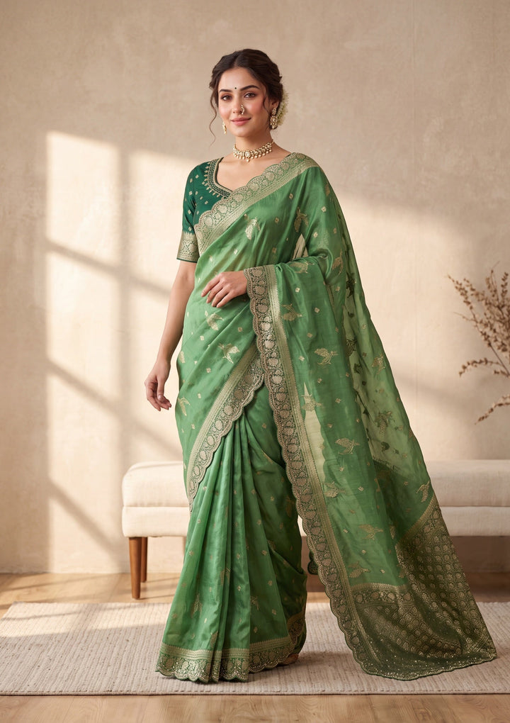 Green Silk Buti Stonework Saree With Matching Blouse Piece