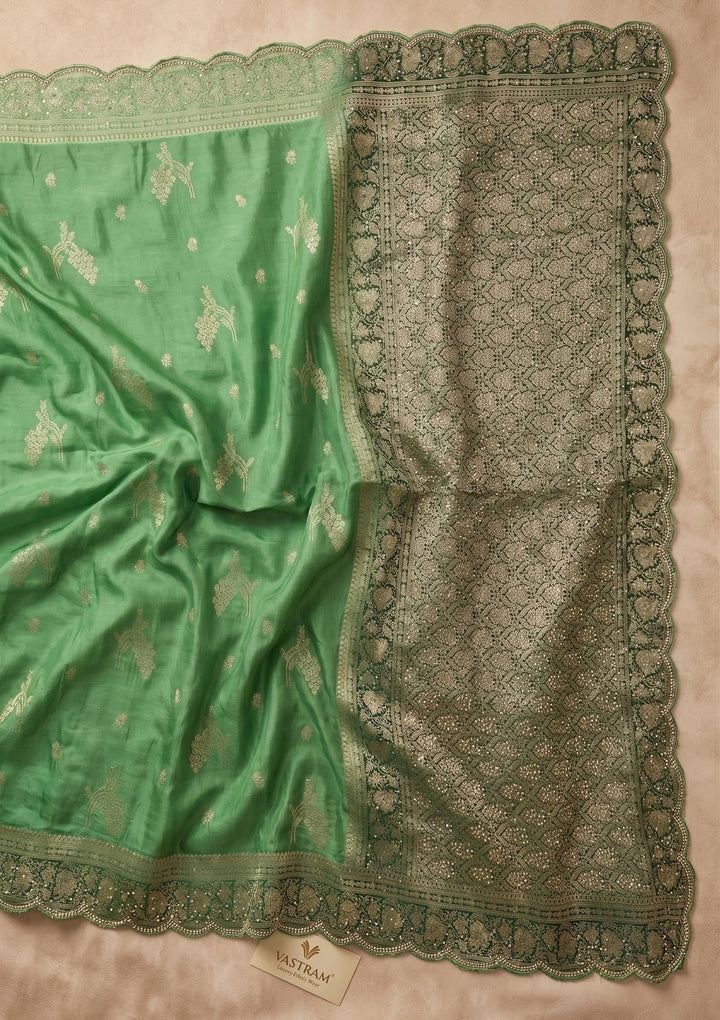 Green Silk Buti Stonework Saree With Matching Blouse Piece
