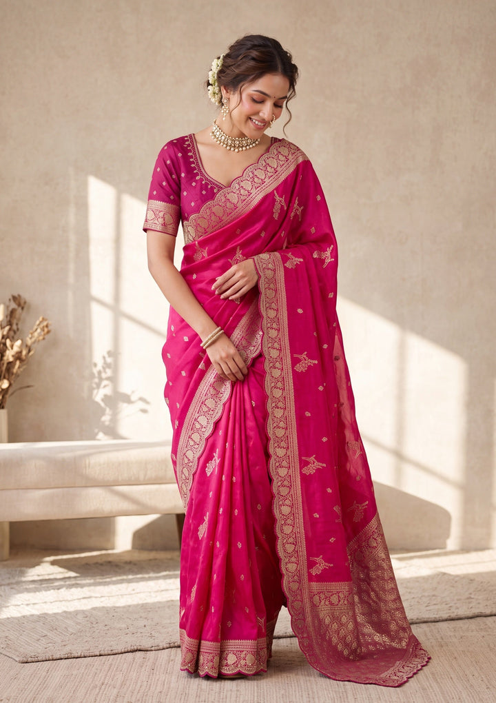 Rani Pink Silk Buti Stonework Saree With Matching Blouse Piece