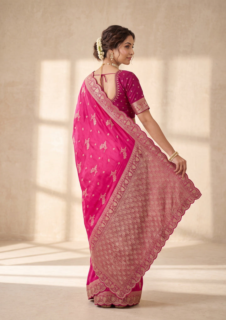 Rani Pink Silk Buti Stonework Saree With Matching Blouse Piece