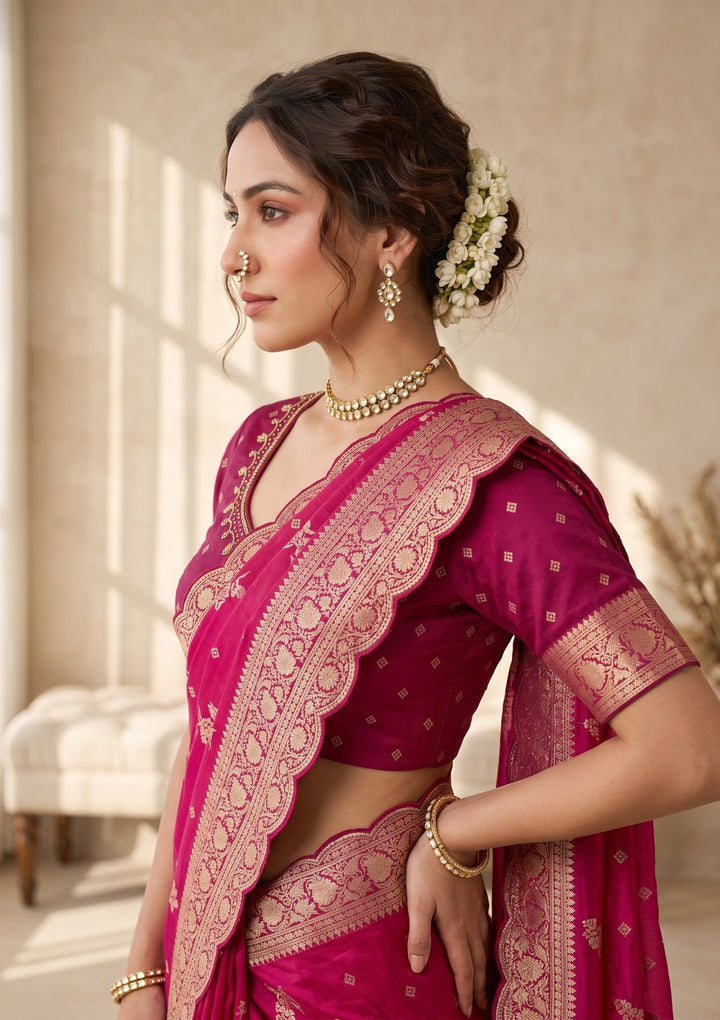Rani Pink Silk Buti Stonework Saree With Matching Blouse Piece