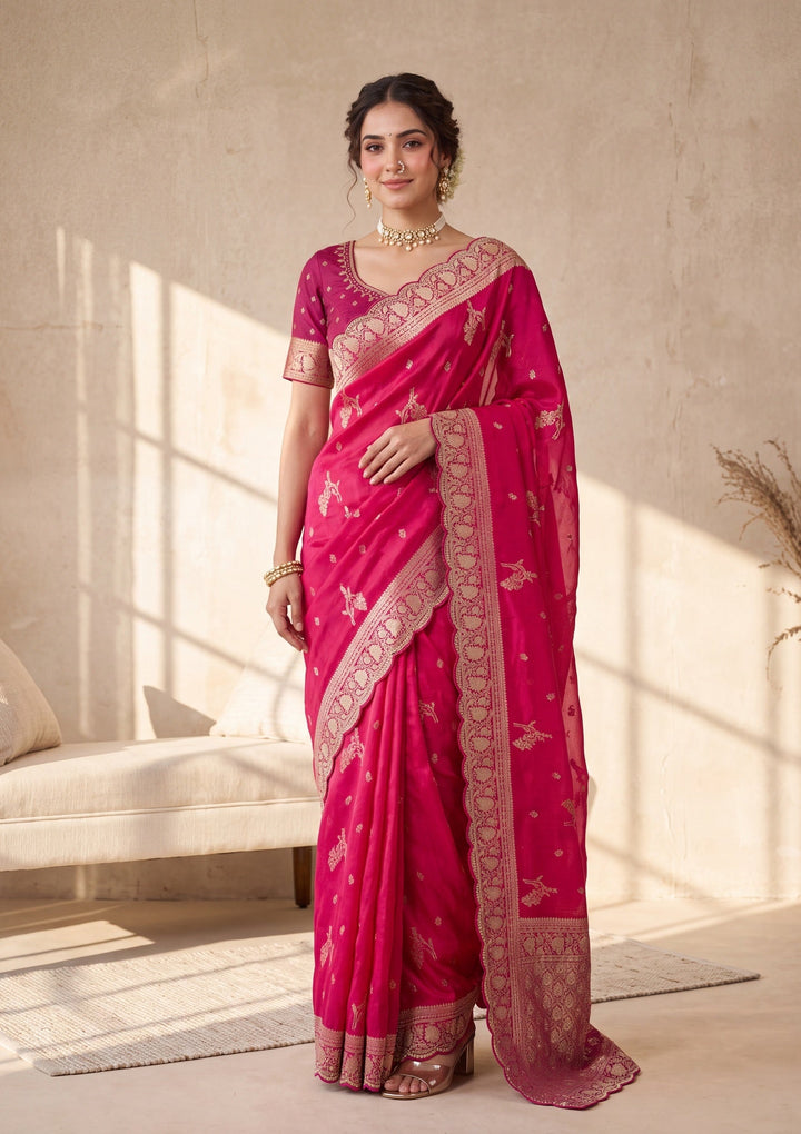 Rani Pink Silk Buti Stonework Saree With Matching Blouse Piece