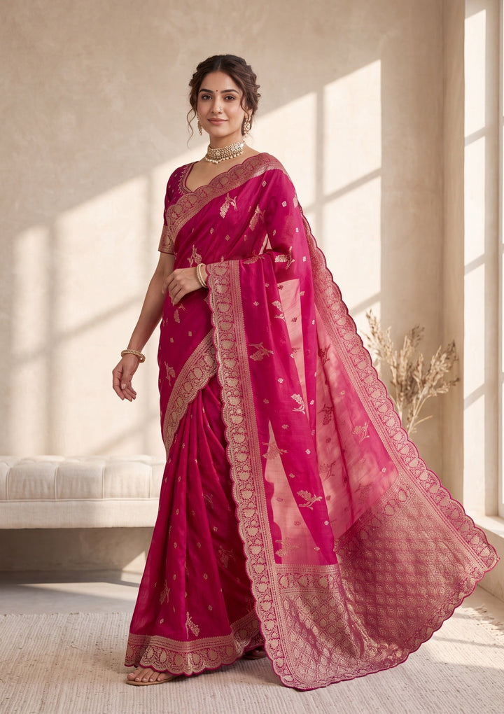 Rani Pink Silk Buti Stonework Saree With Matching Blouse Piece