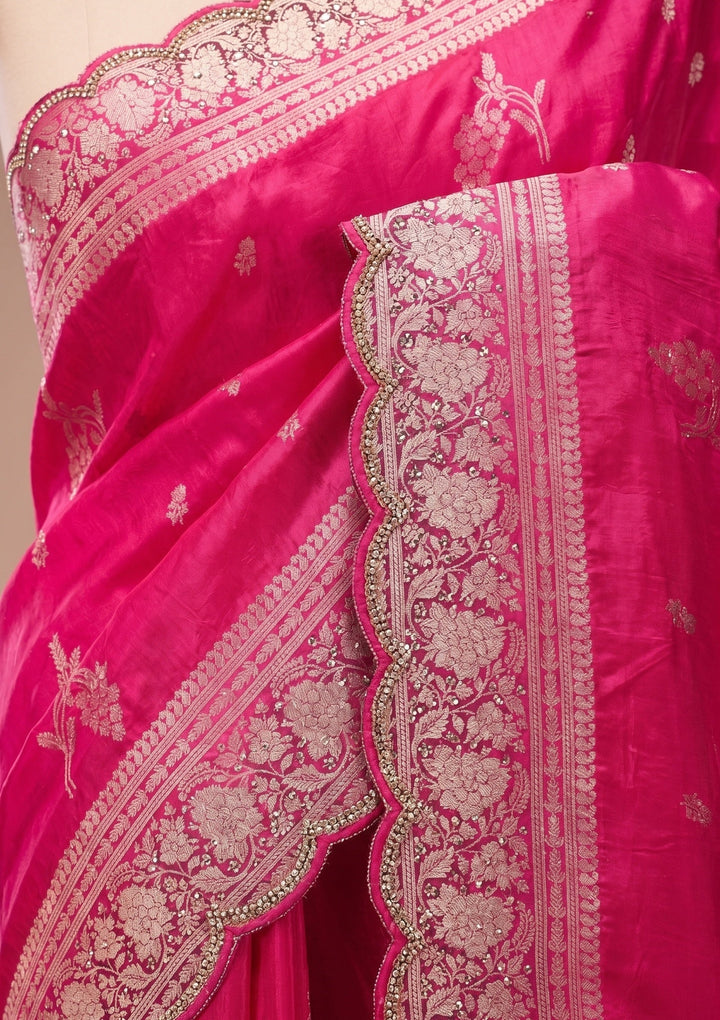 Rani Pink Silk Buti Stonework Saree With Matching Blouse Piece