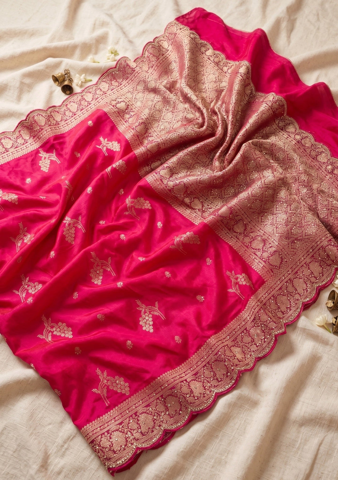 Rani Pink Silk Buti Stonework Saree With Matching Blouse Piece