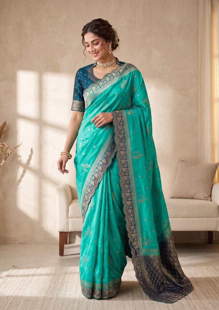 Turquoise Blue Silk Buti Stonework Saree With Matching Blouse Piece