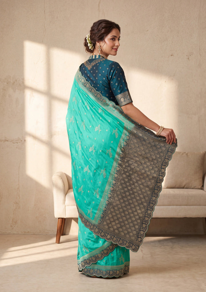 Turquoise Blue Silk Buti Stonework Saree With Matching Blouse Piece