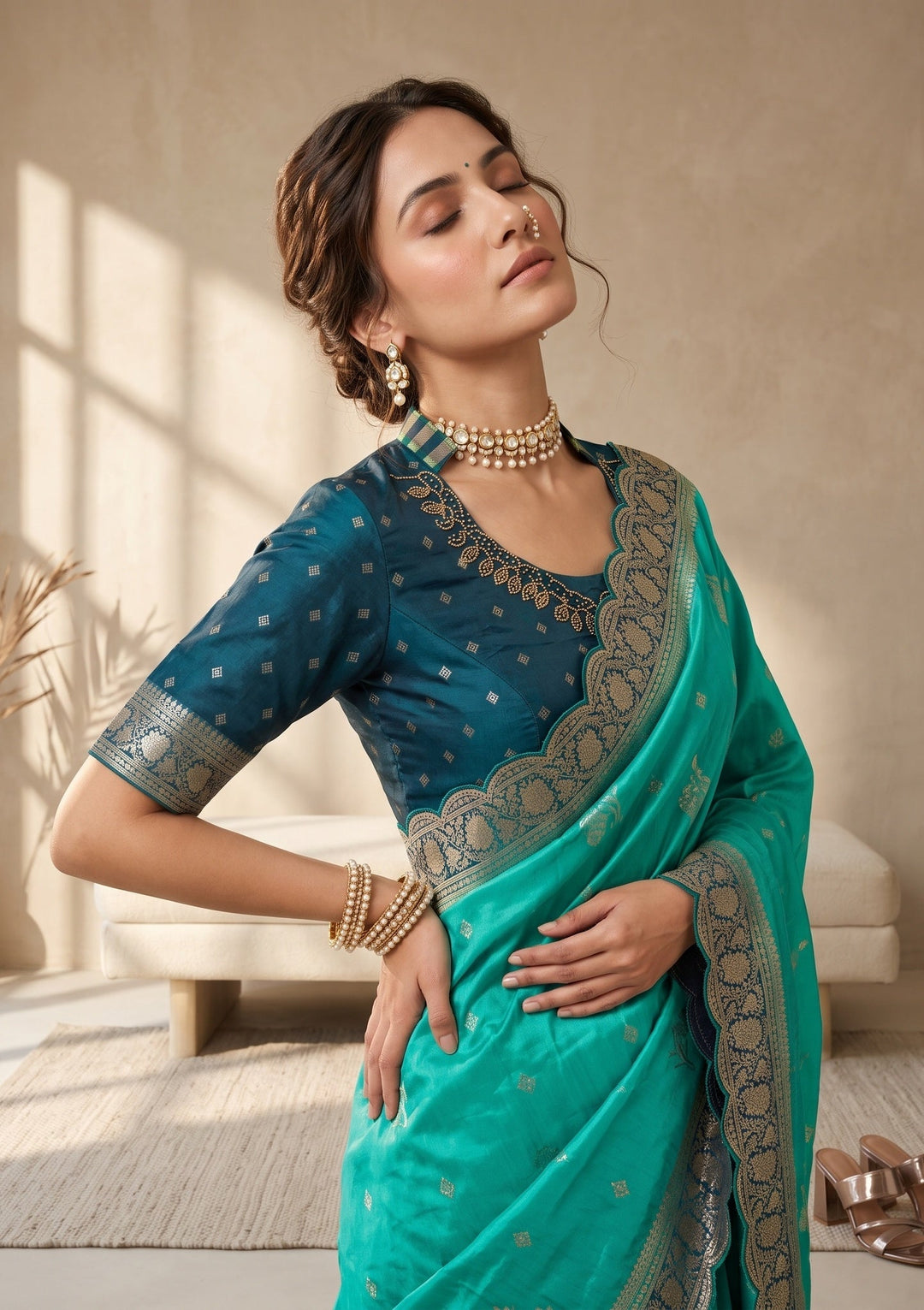 Turquoise Blue Silk Buti Stonework Saree With Matching Blouse Piece