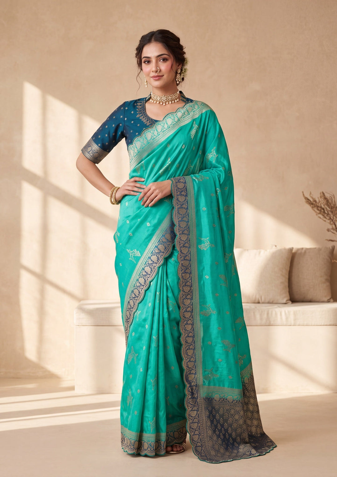 Turquoise Blue Silk Buti Stonework Saree With Matching Blouse Piece