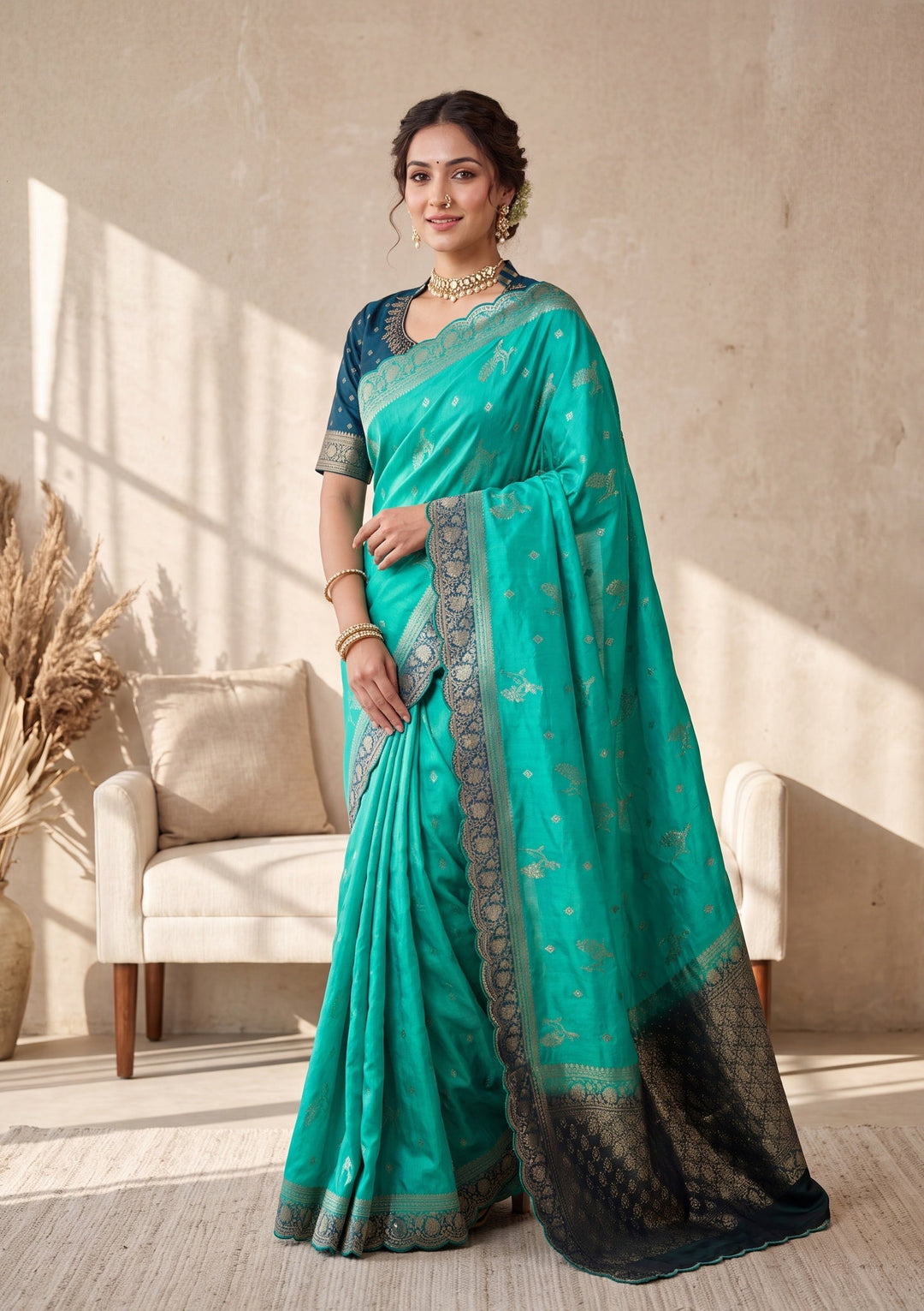 Turquoise Blue Silk Buti Stonework Saree With Matching Blouse Piece