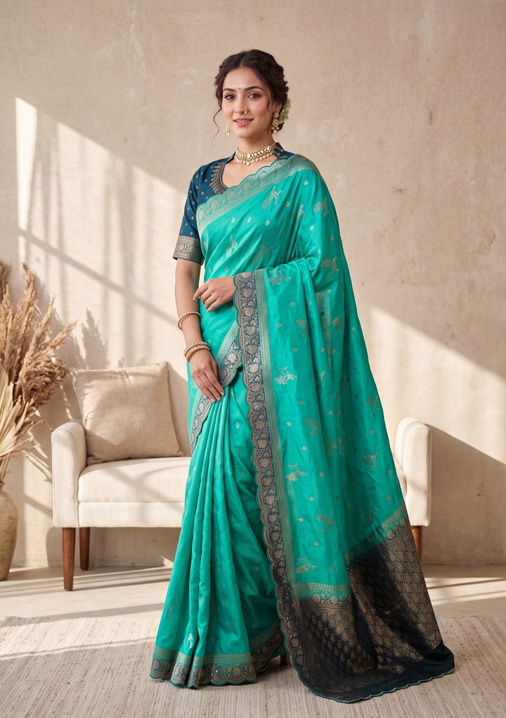 Turquoise Blue Silk Buti Stonework Saree With Matching Blouse Piece
