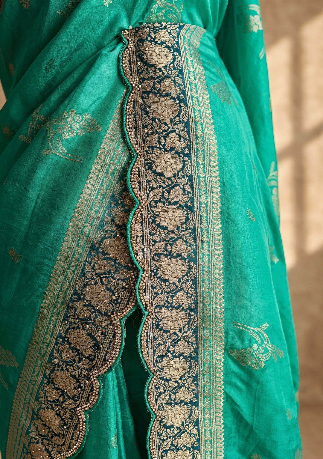 Turquoise Blue Silk Buti Stonework Saree With Matching Blouse Piece