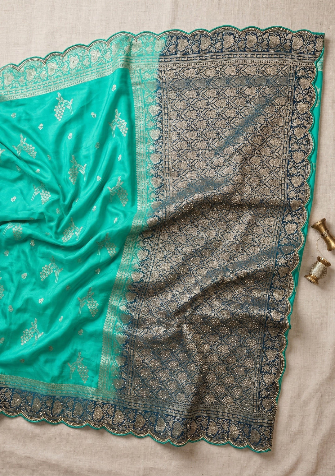 Turquoise Blue Silk Buti Stonework Saree With Matching Blouse Piece