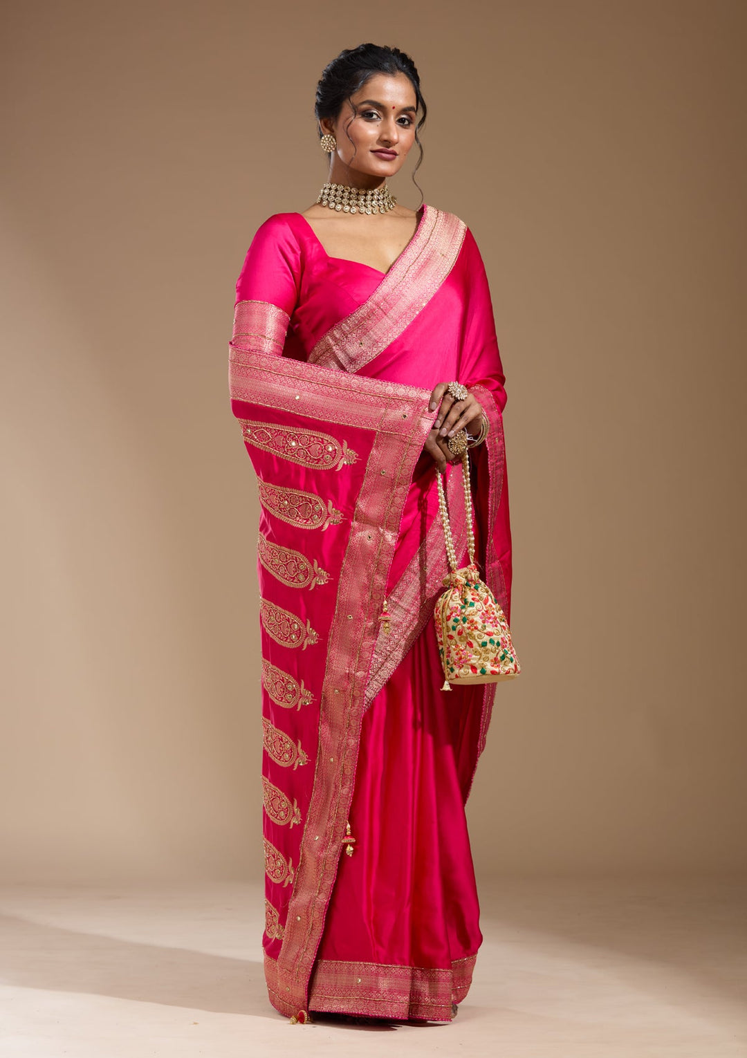 Rani Pink Cutdana Silk Saree