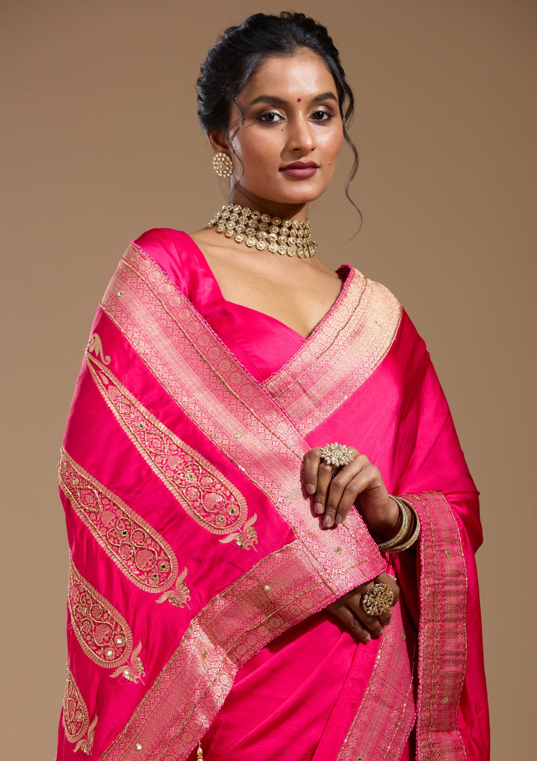 Rani Pink Cutdana Silk Saree